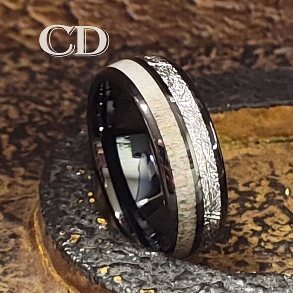 Men's Real Black Tungsten Wedding Ring Meteorite and Deer Antler Inlays - Picture 10 of 10